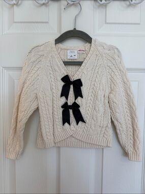 Zara Cream Cable Knit V-Neck Sweater with Black Ribbon Bows